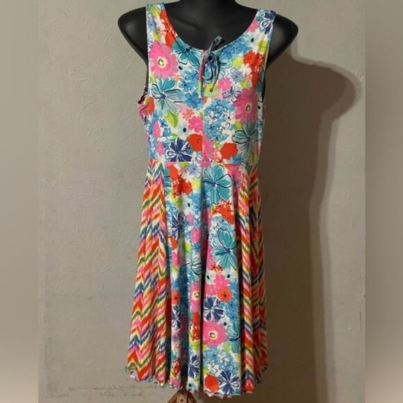 Medium 10/12 Madison Q Reversible Flared Floral ChevronSleeveless A Line Dress - Picture 1 of 14